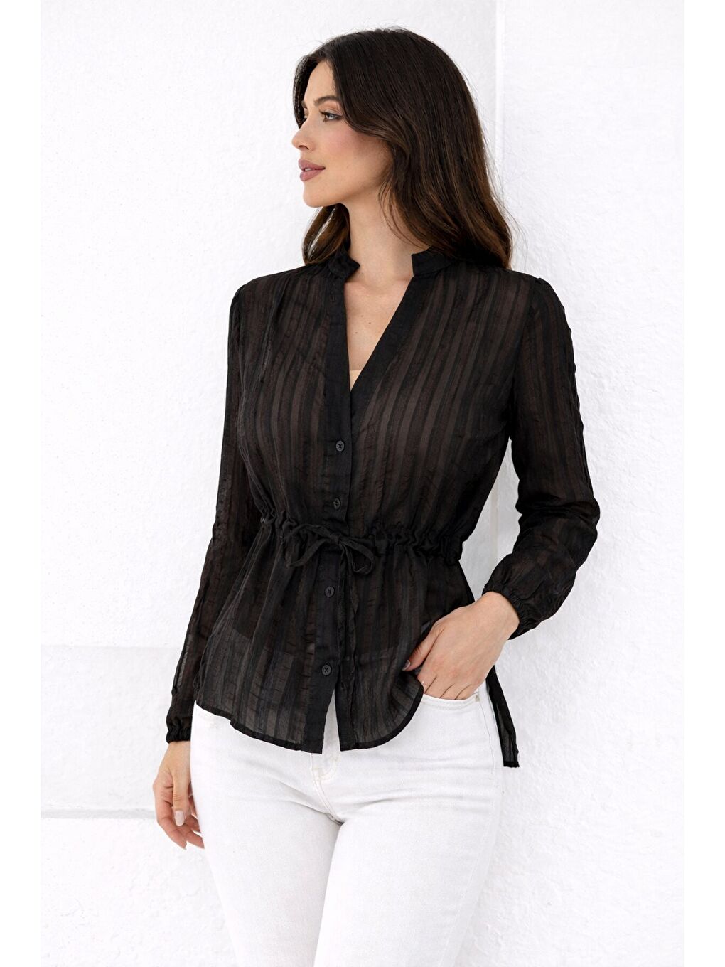 Hakim Yaka V Düğmeli Bluz Siyah-2