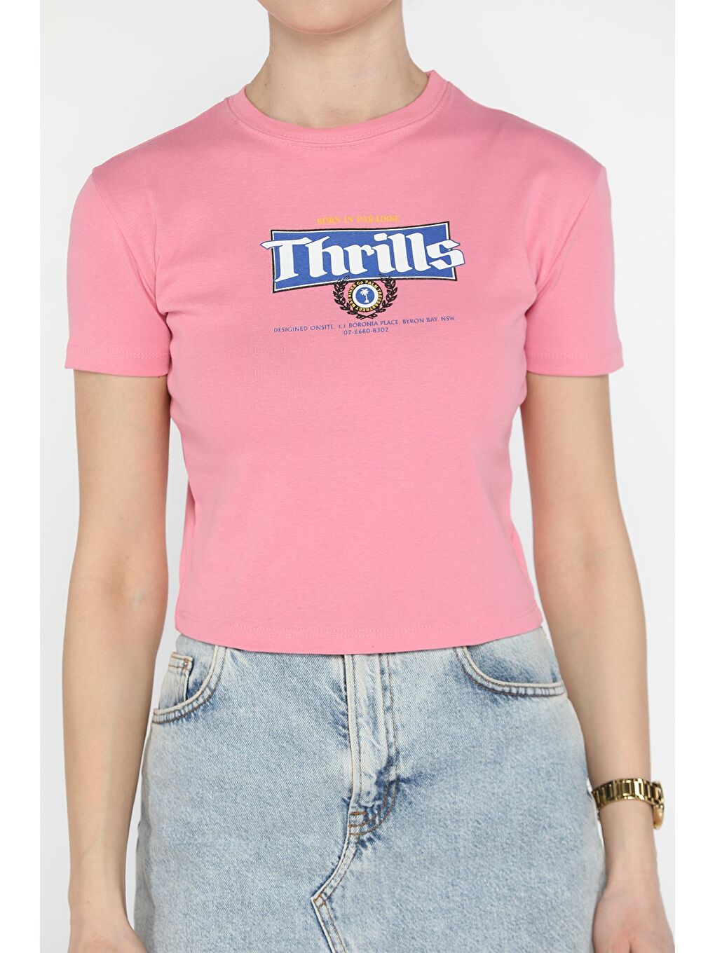 Pembe Bisiklet Yaka Baskılı Kadın Tişört-2