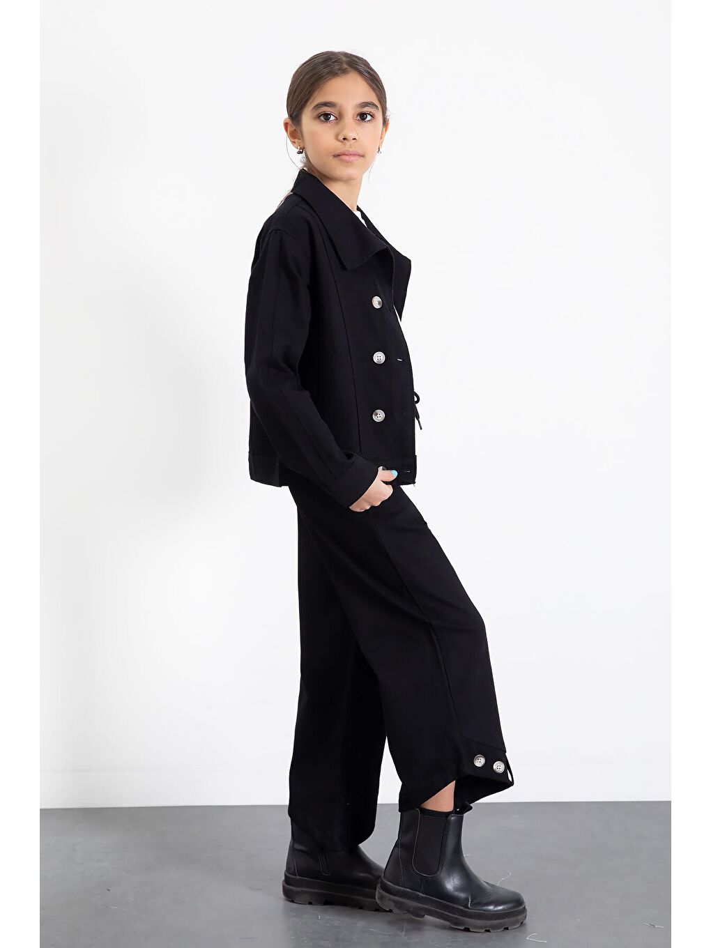 Siyah Çift Düğme Detay Gömlekli Pantolonlu Kız Çocuk Gabardin Takım 23539-1