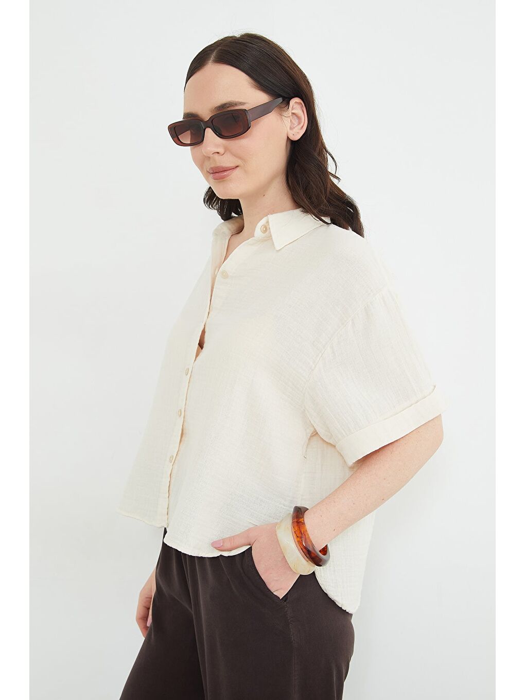 Bej Basic Kolu Katlı Müslin Kumaş Salaş Gömlek-2