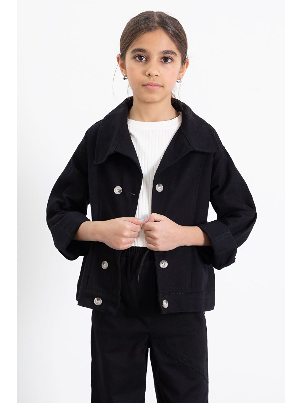 Siyah Çift Düğme Detay Gömlekli Pantolonlu Kız Çocuk Gabardin Takım 23539-2