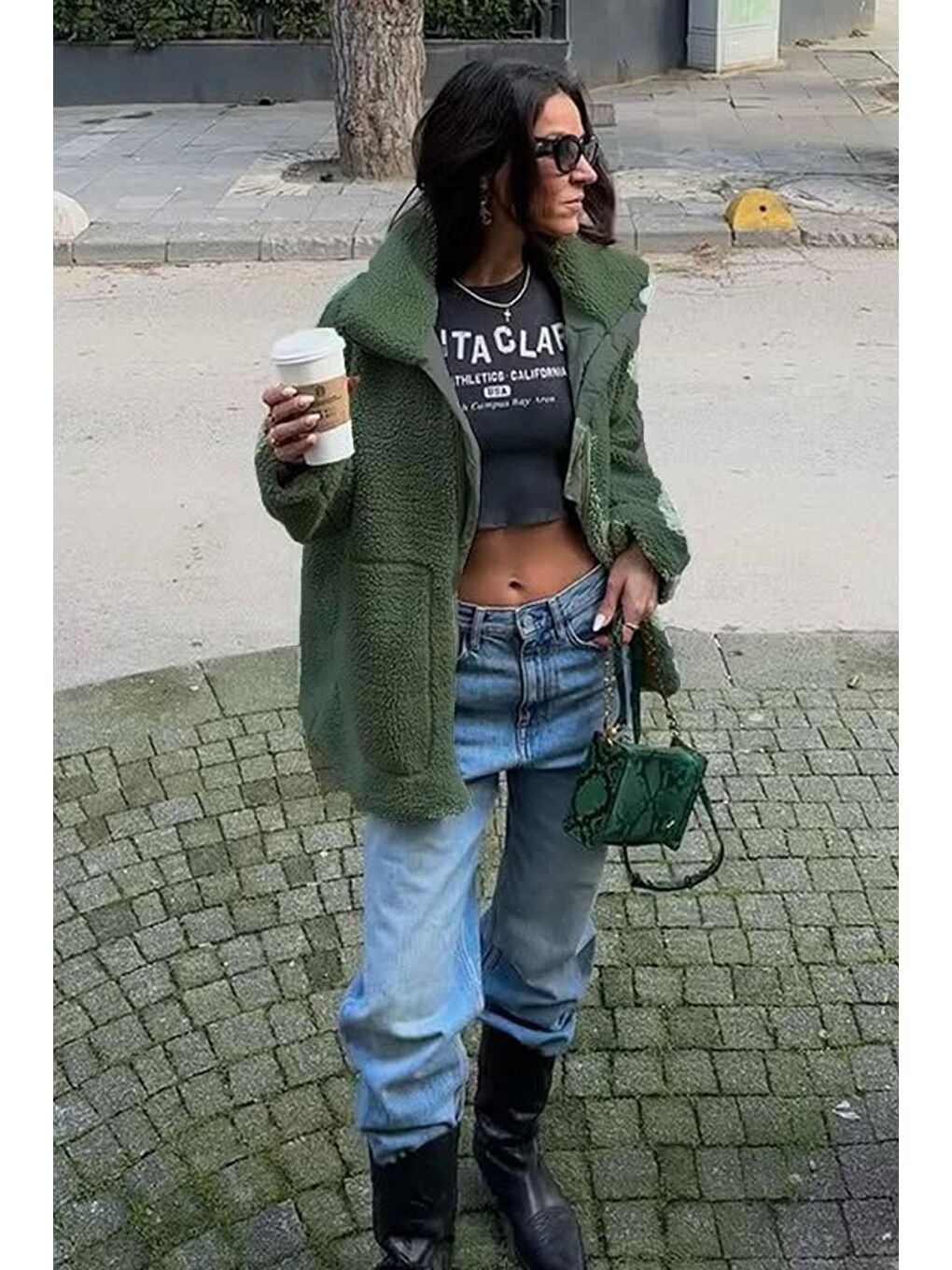 Haki Dik Yakalı Cepli Pelüş Mont Mg1966-1