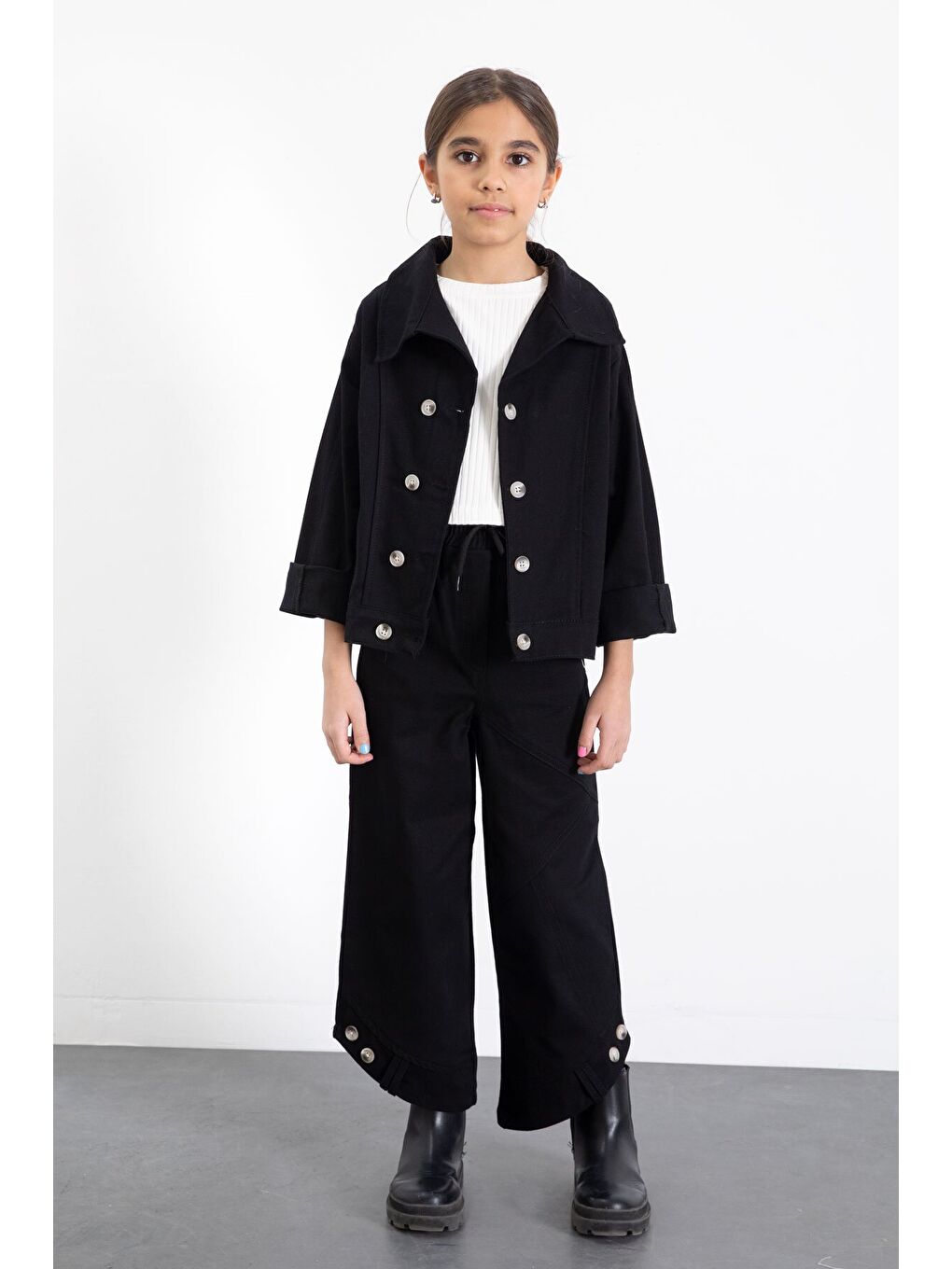 Siyah Çift Düğme Detay Gömlekli Pantolonlu Kız Çocuk Gabardin Takım 23539-3
