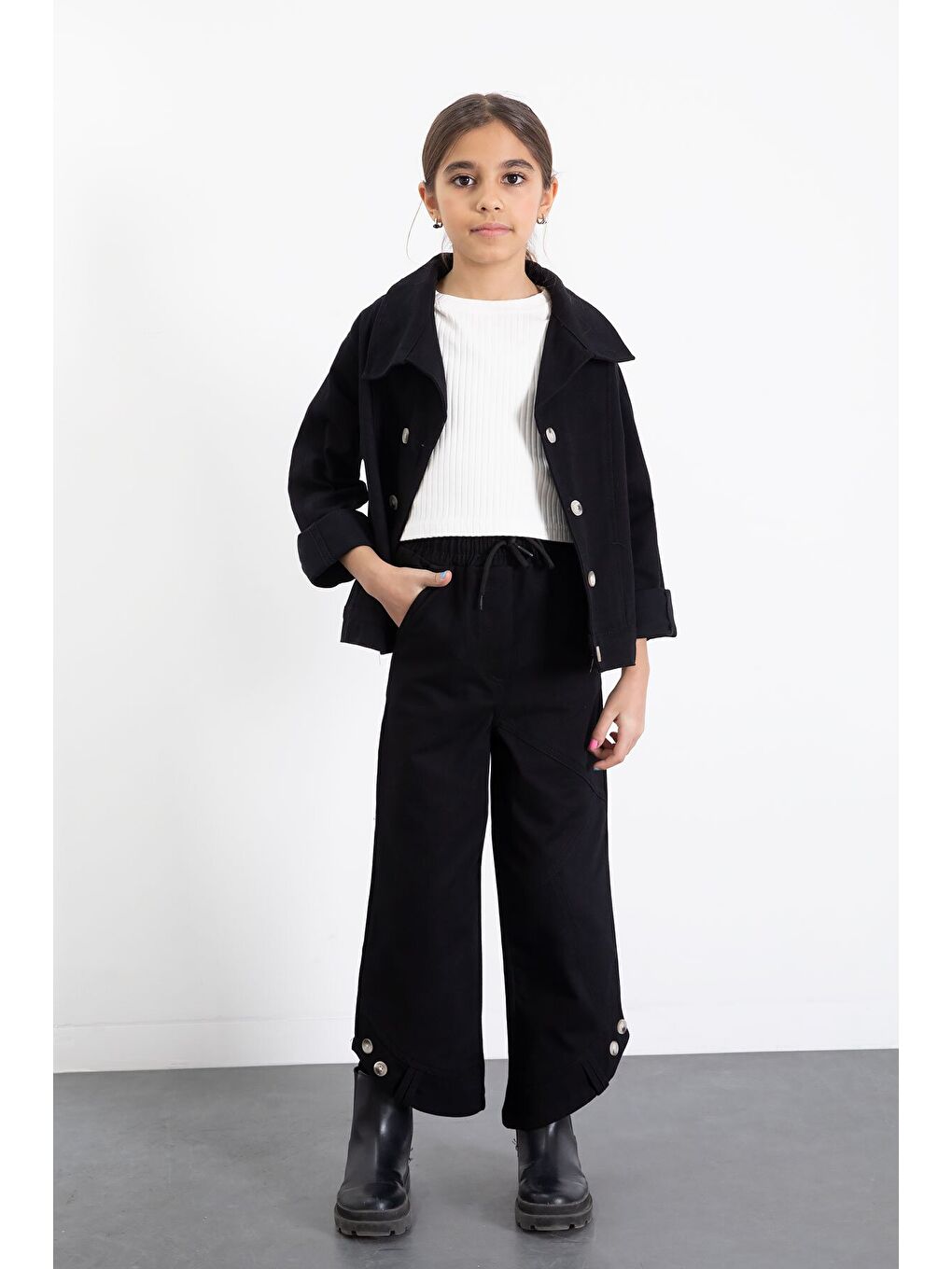 Siyah Çift Düğme Detay Gömlekli Pantolonlu Kız Çocuk Gabardin Takım 23539-4
