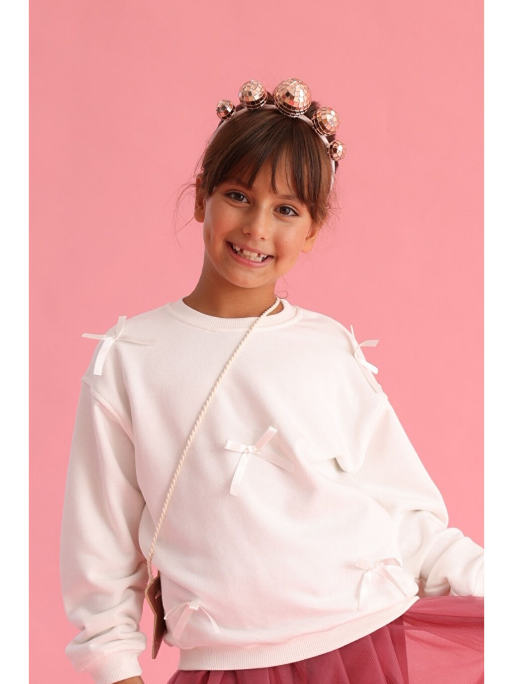 Ekru Fiyonk Detaylı Kız Çocuk Sweatshirt