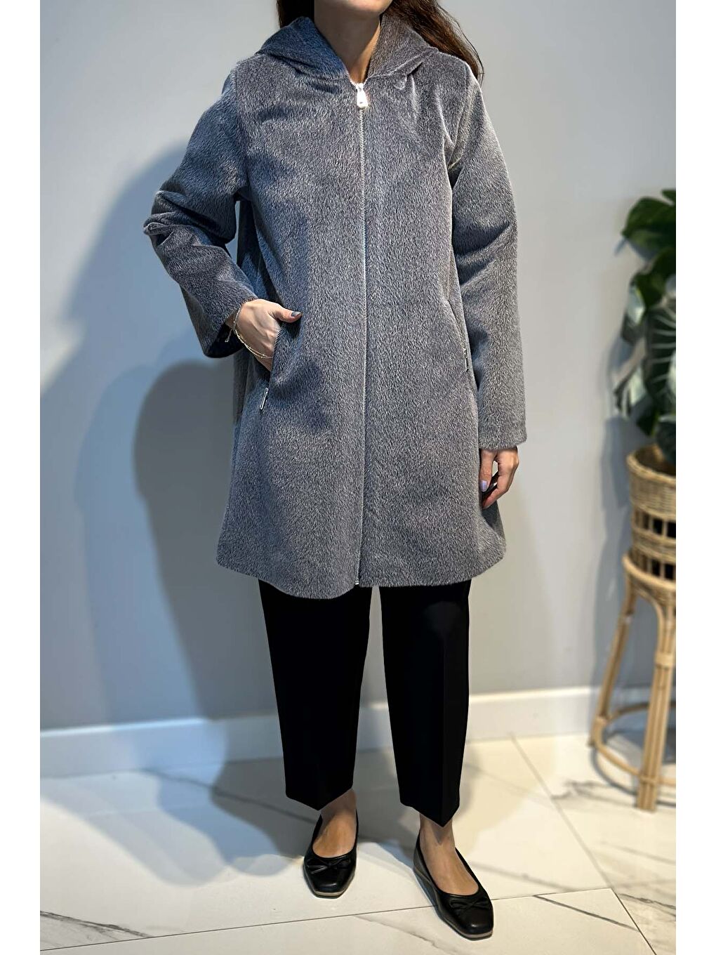 Büyük Beden Fermuar Detay Kap Ceket 2590 Gri
