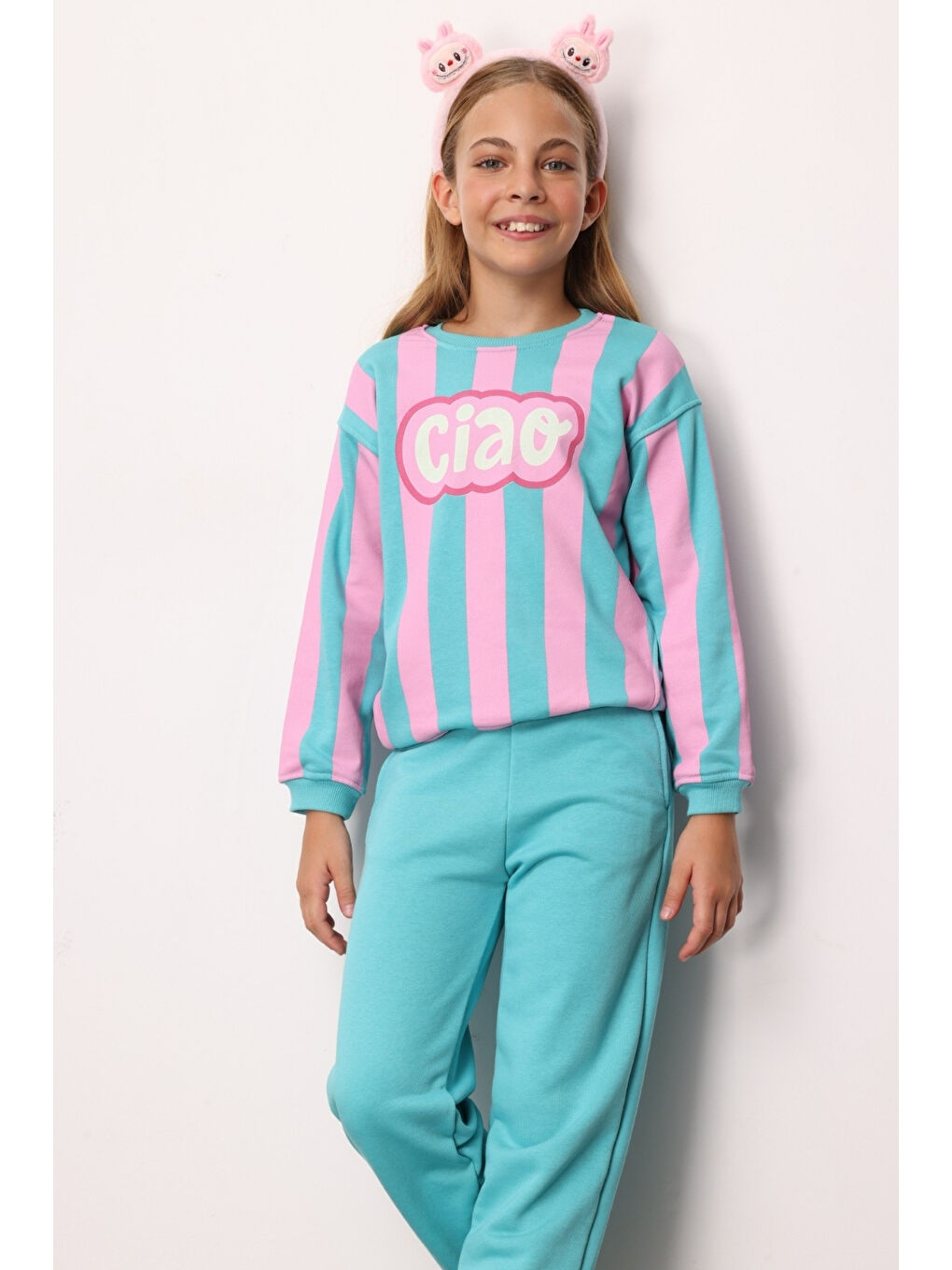 Yeşil Mint Ciao Baskılı Çizgili Kız Çocuk Eşofman Takımı - Phoebe-1