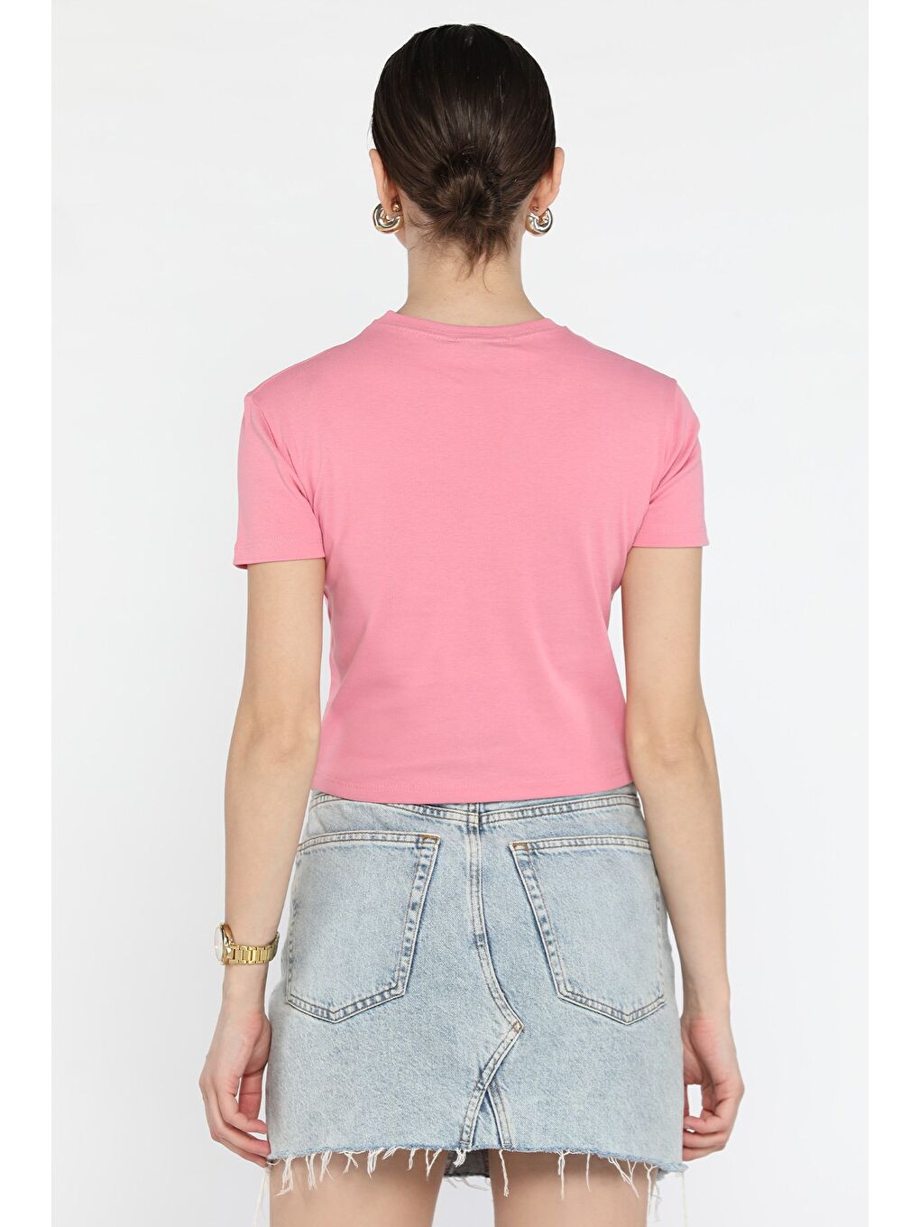 Pembe Bisiklet Yaka Baskılı Kadın Tişört-3