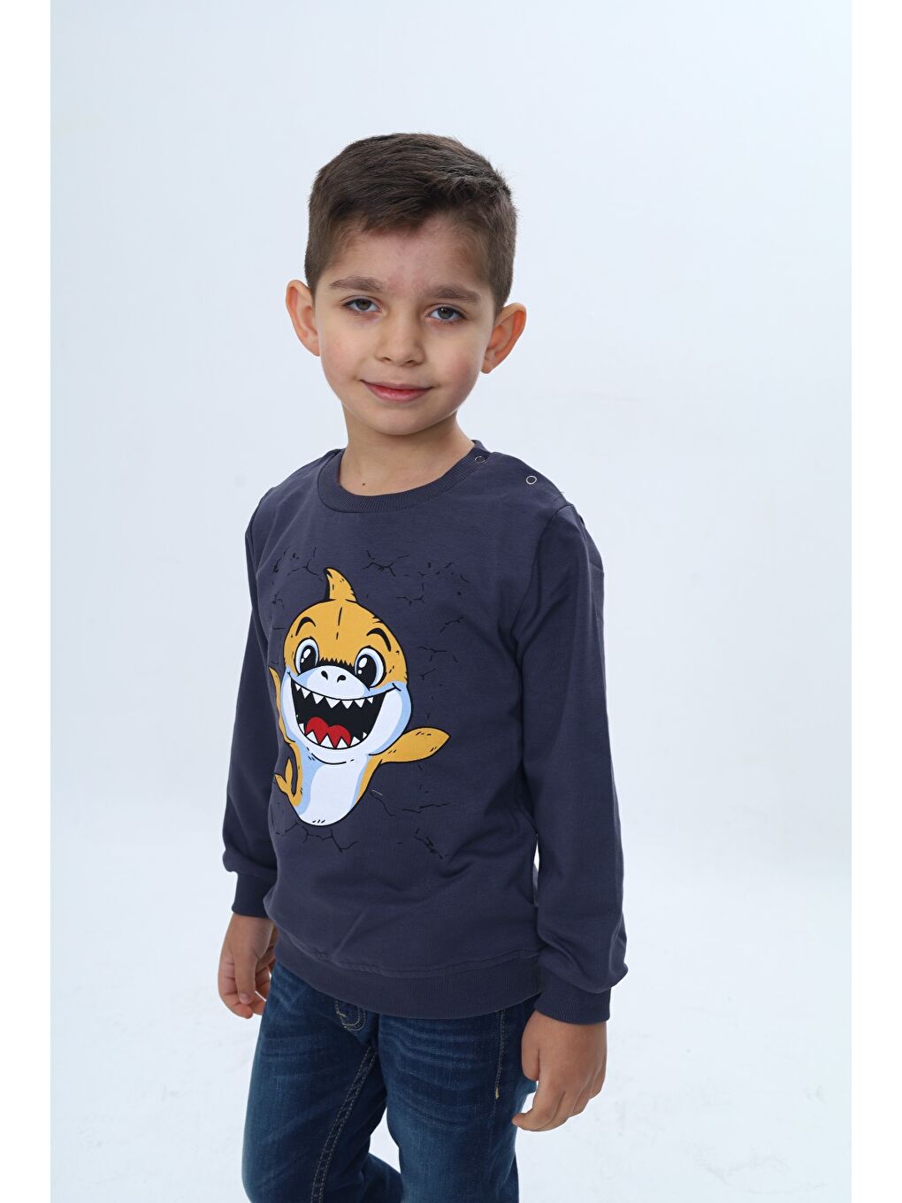 Gri Erkek Çocuk Çıtçıtlı Köpek Balığı Baskılı Sweatshirt-2