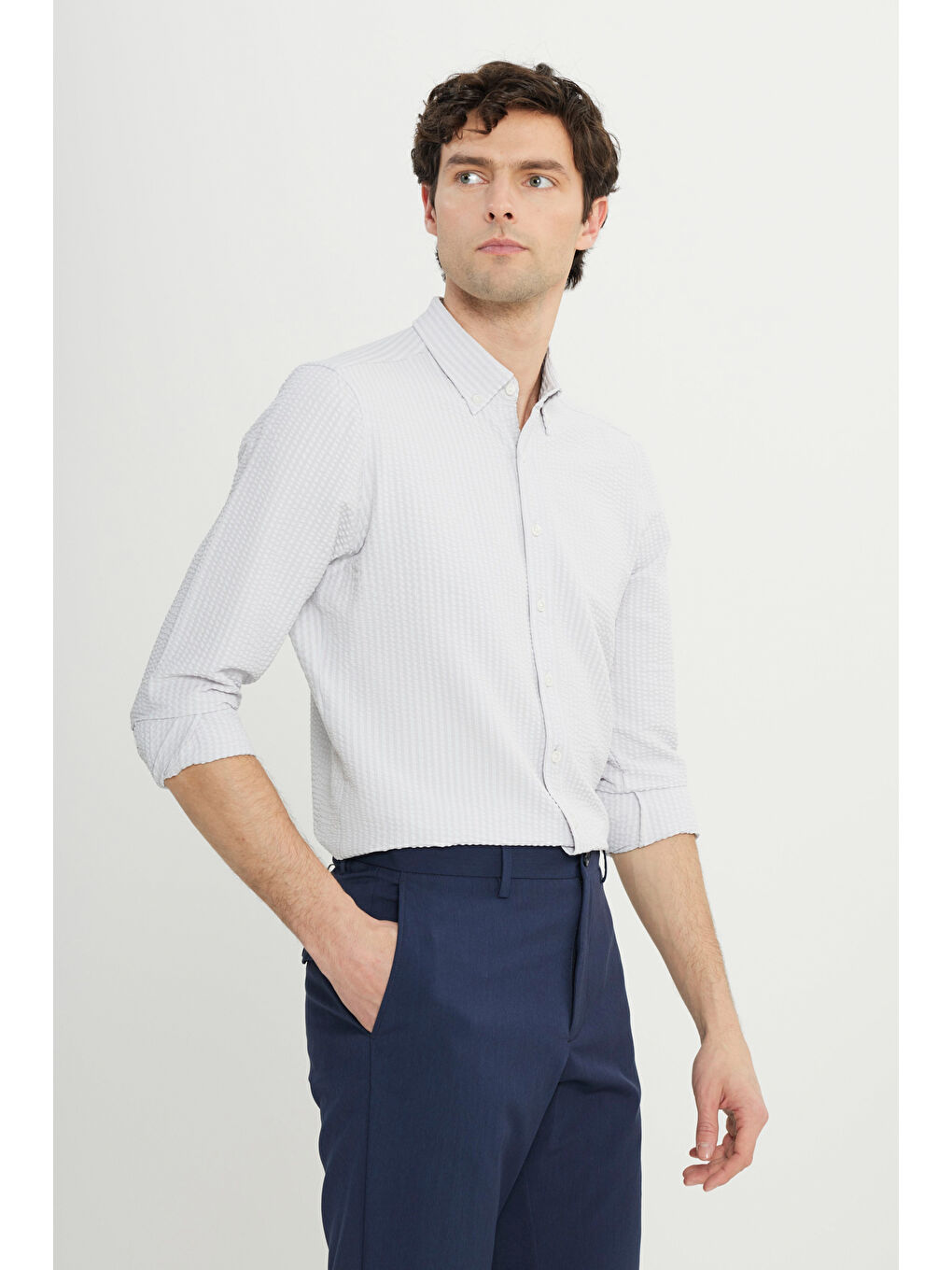 Bej Erkek Taş Slim Fit Dar Kesim Düğmeli Yaka Armürlü Gofre Desenli Gömlek