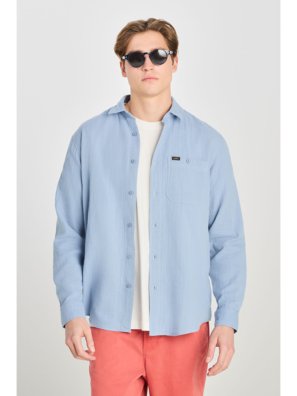 Yeşil %100 Pamuk Relaxed Fit Geniş Kesim Mavi Müslin Gömlek-1