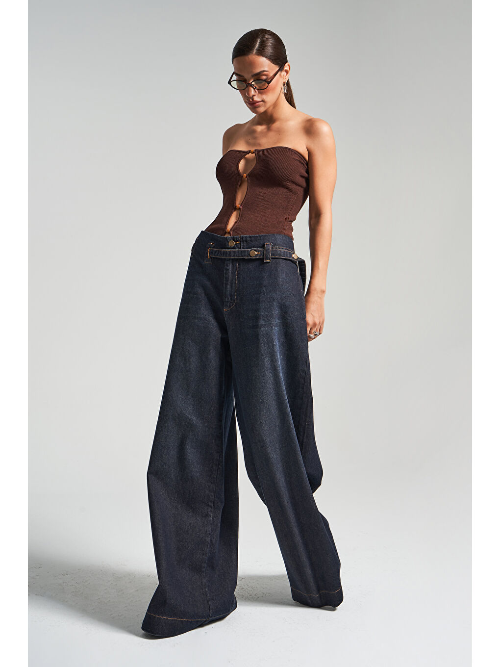 Beyaz Kadın Koyu Jean Rengi 2w5-128 Süper Palazzo Fit %100 Pamuk Kemer Detaylı İç Boy 83cm Denim Jean-4