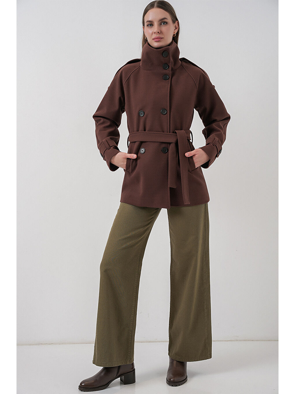 Kadın Kuşaklı Kaşe Kaban 9162 - Kahverengi-2