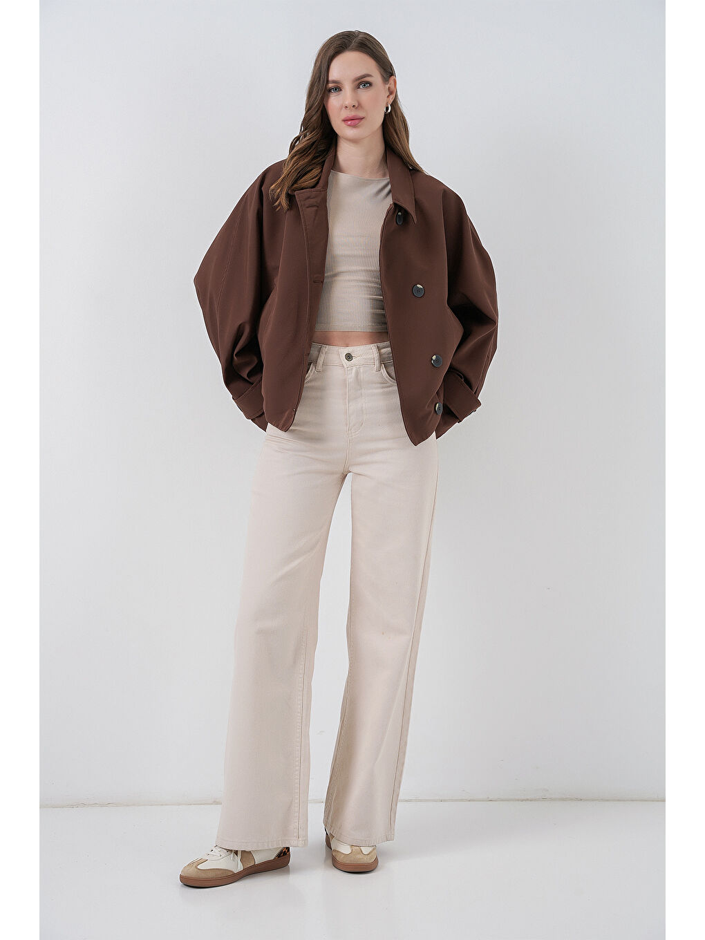 Kadın Oversize Kısa Trençkot 5977 - Kahverengi-1