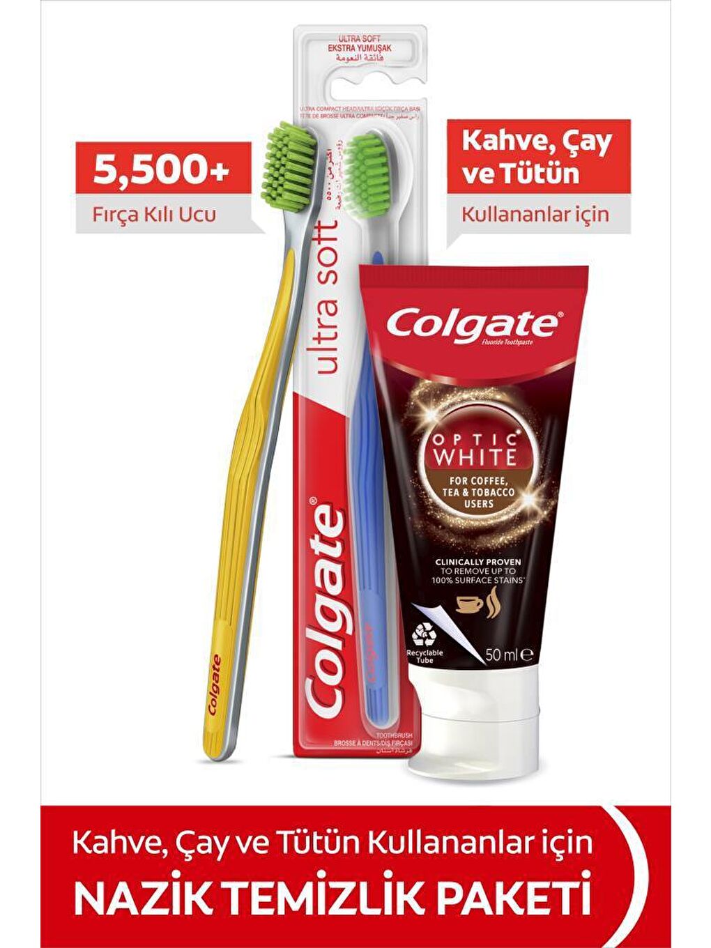 Colgate Karışık Optic White Kahve,Çay 50ml Diş Macunu + Ultra Soft Yumuşak Diş Fırçası