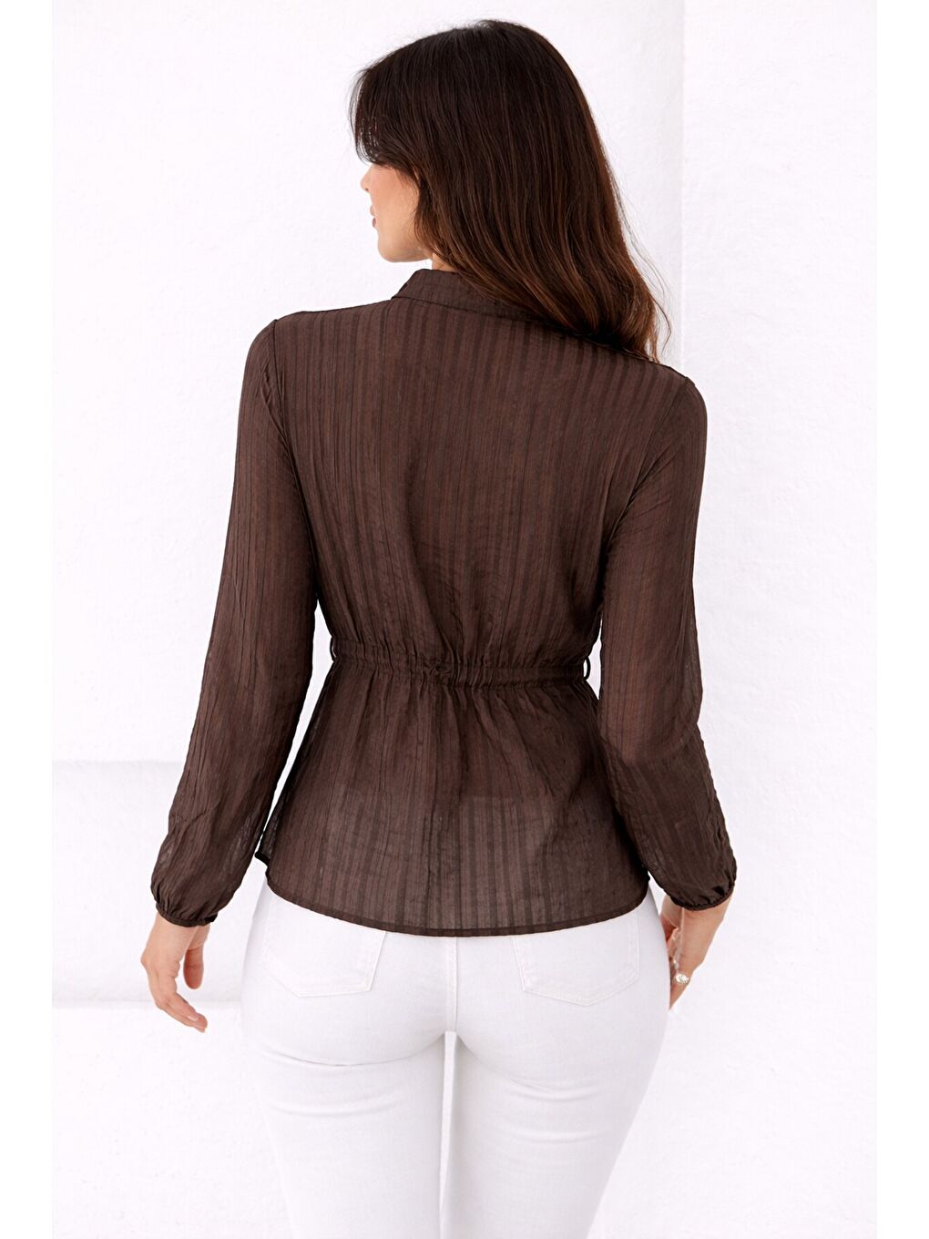 Hakim Yaka V Düğmeli Bluz Kahverengi-1