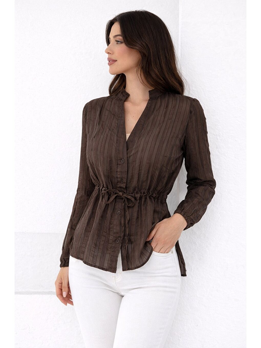 Hakim Yaka V Düğmeli Bluz Kahverengi-2