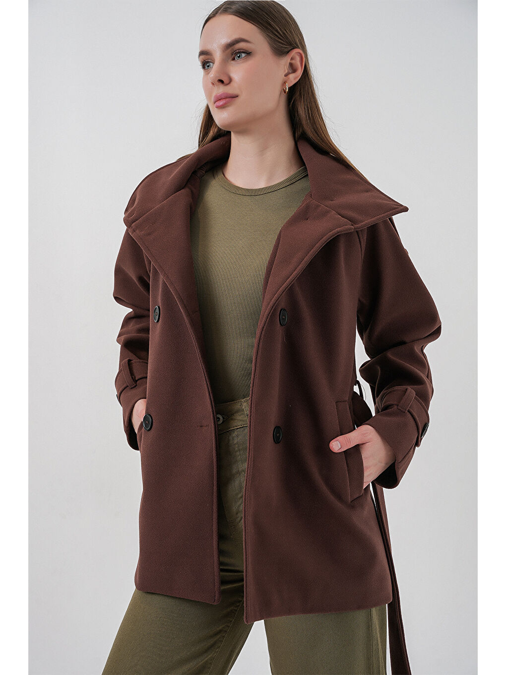 Kadın Kuşaklı Kaşe Kaban 9162 - Kahverengi-3