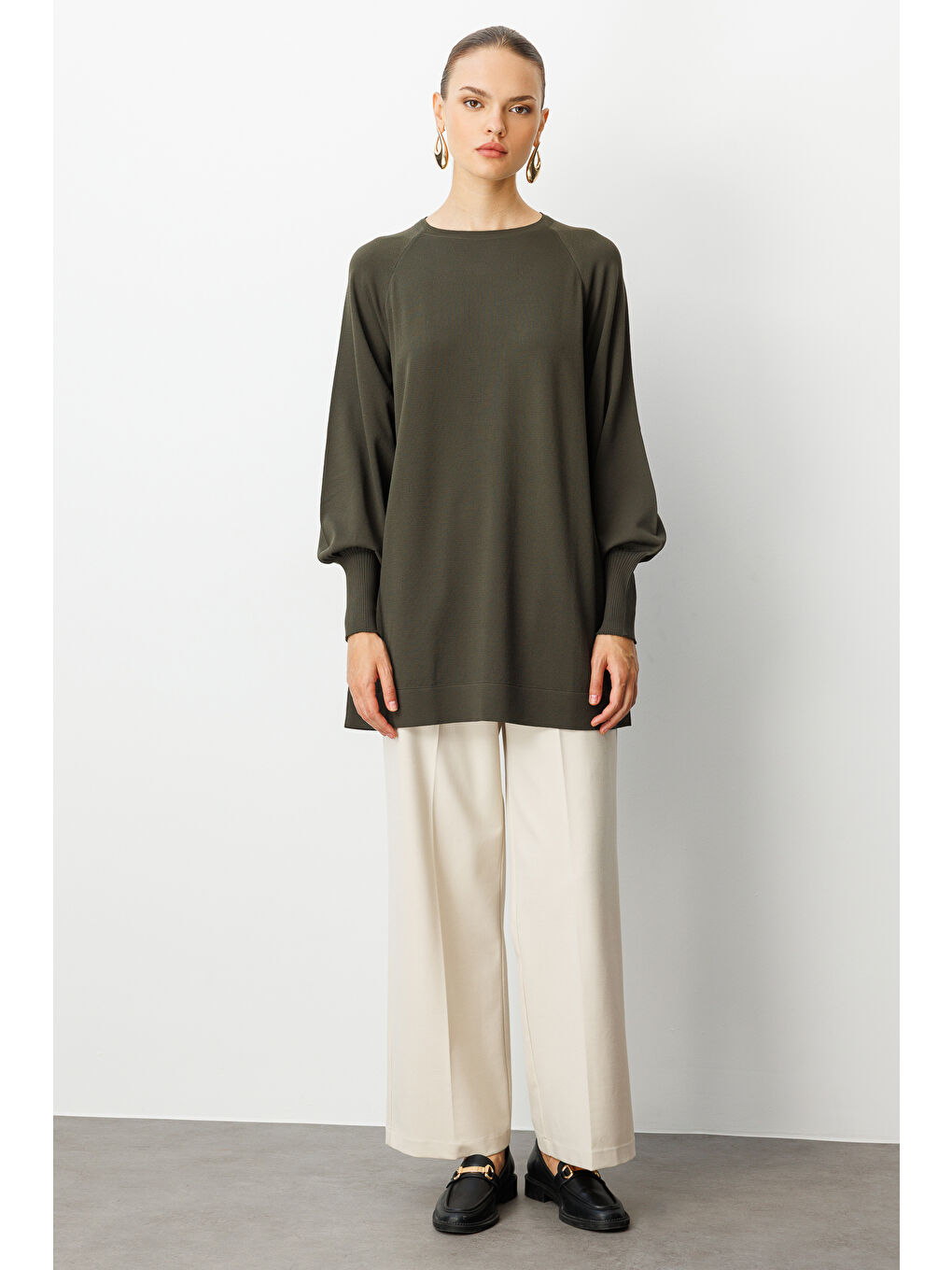 Balon Kollu Rayon Haki Tunik