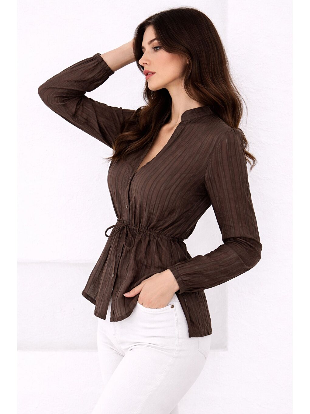 Hakim Yaka V Düğmeli Bluz Kahverengi-3