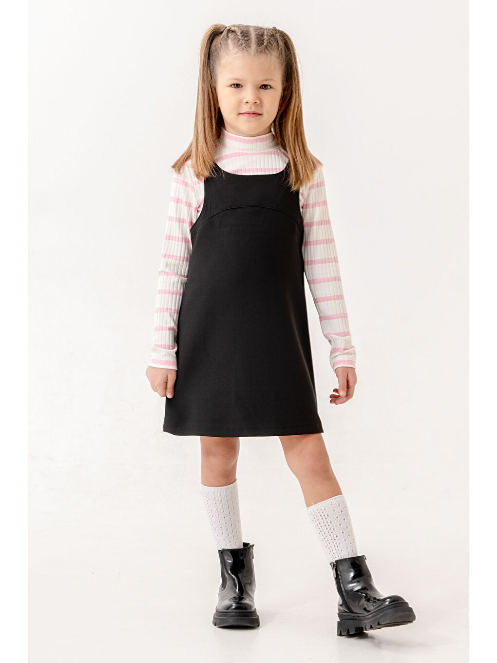 Çizgili Badili Yarım Balıkçı Yaka Kız Çocuk Elbise 3-7 Yaş Pembe 3754-4