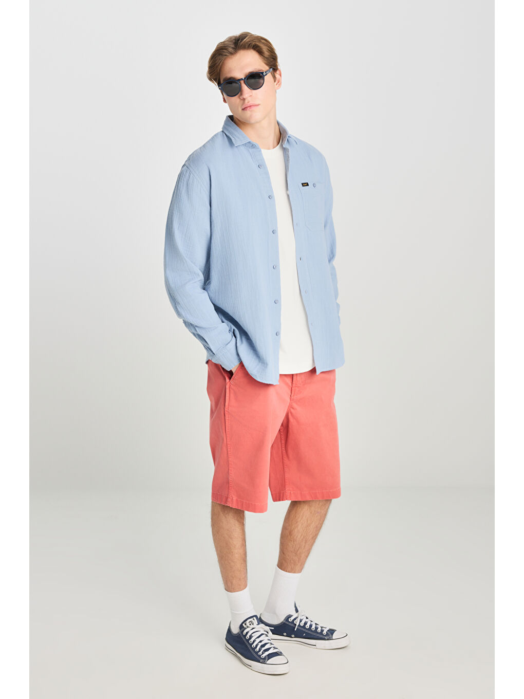 Yeşil %100 Pamuk Relaxed Fit Geniş Kesim Mavi Müslin Gömlek-2