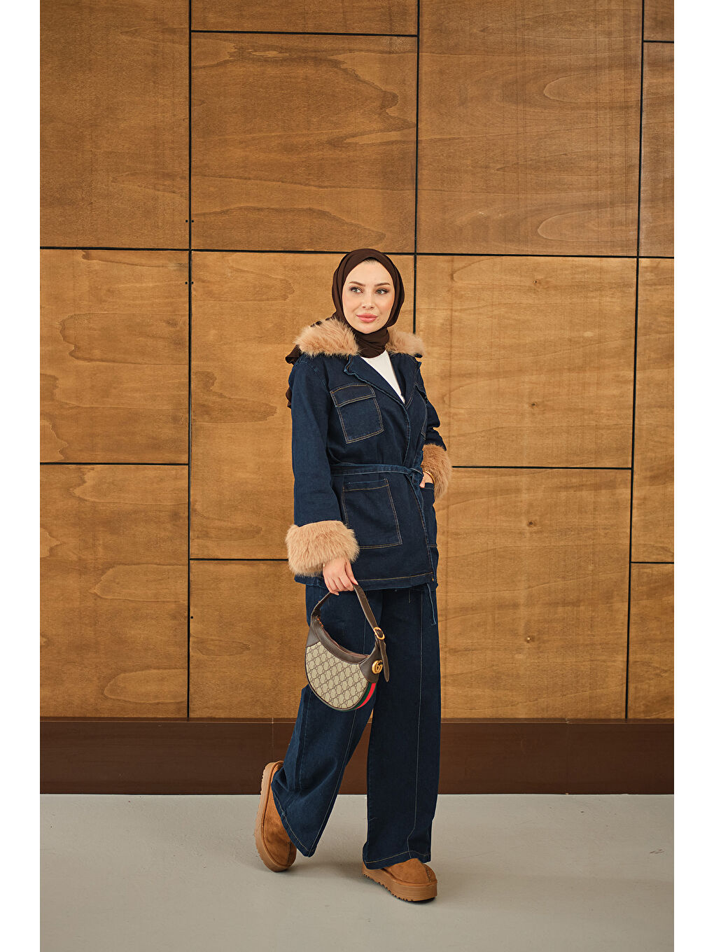 Kadın Kürk Detay Jean Takım Lacivert