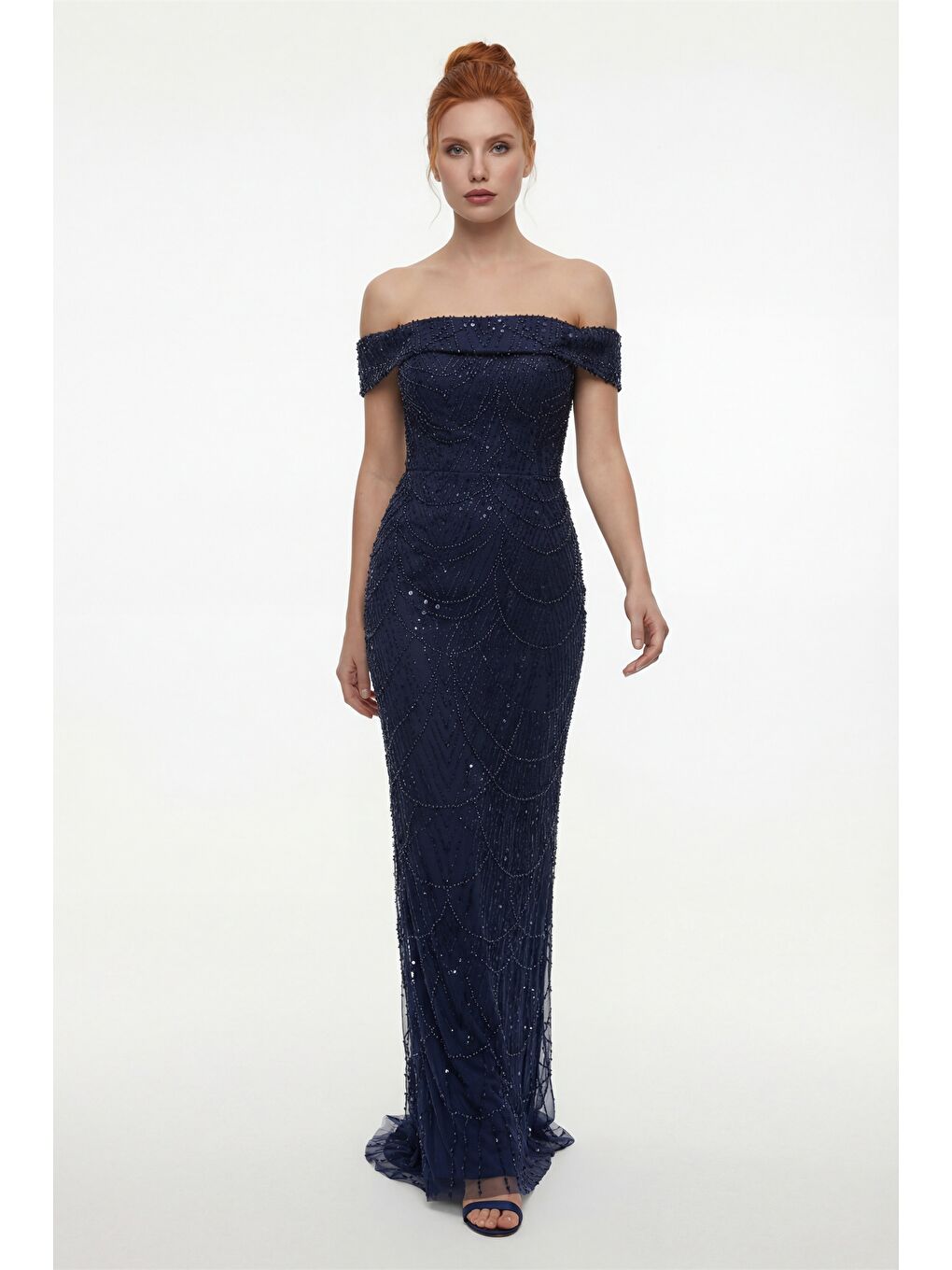 Kadın Lacivert Kayık Yaka Boncuklu Uzun Abiye Elbise-1