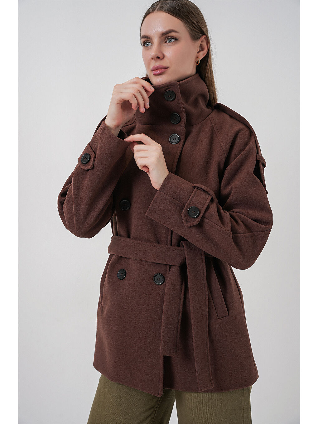 Kadın Kuşaklı Kaşe Kaban 9162 - Kahverengi-4