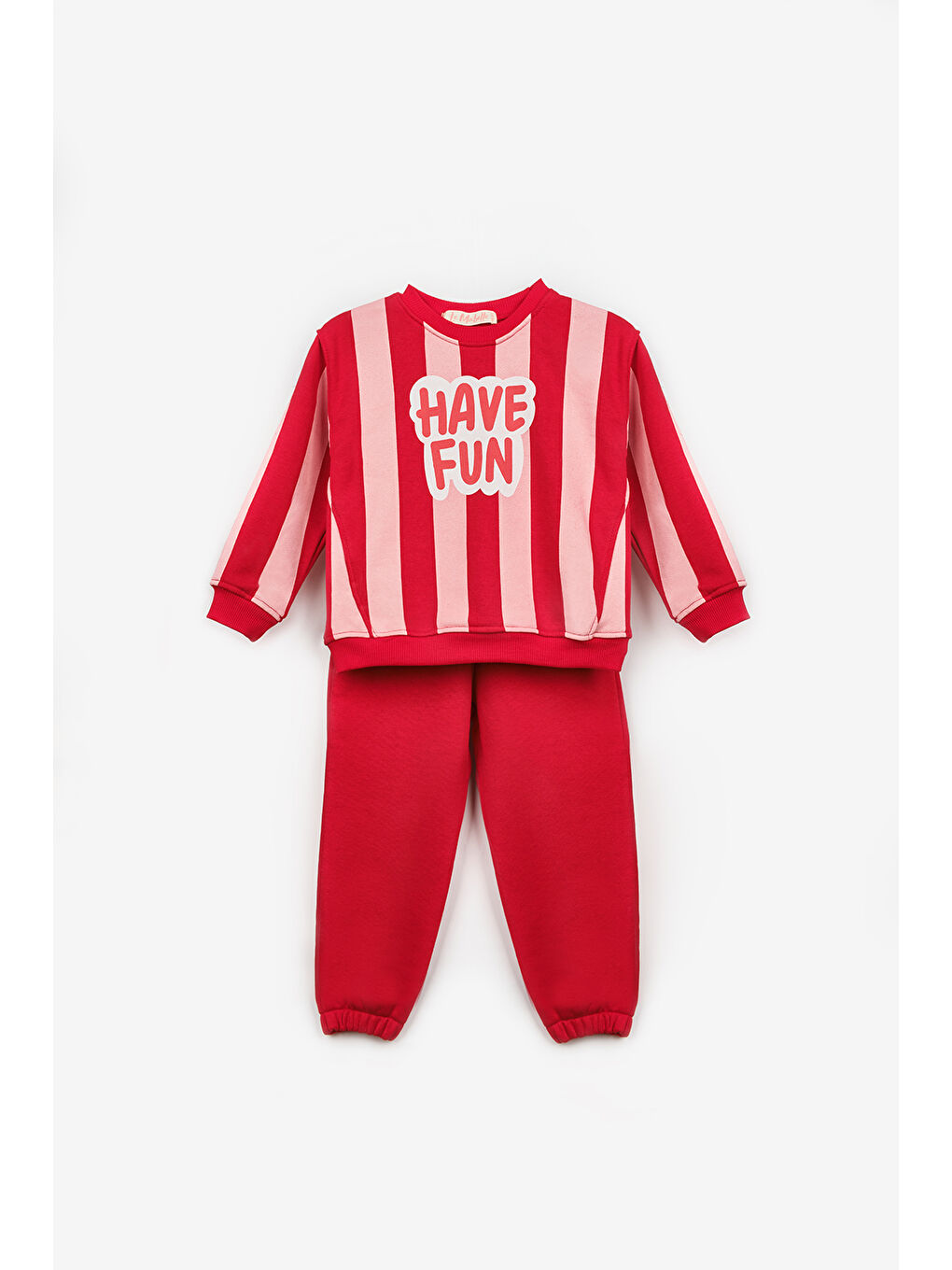Kırmızı Have Fun Baskılı Çizgili Kız Çocuk Eşofman Takımı - Phoebe-4