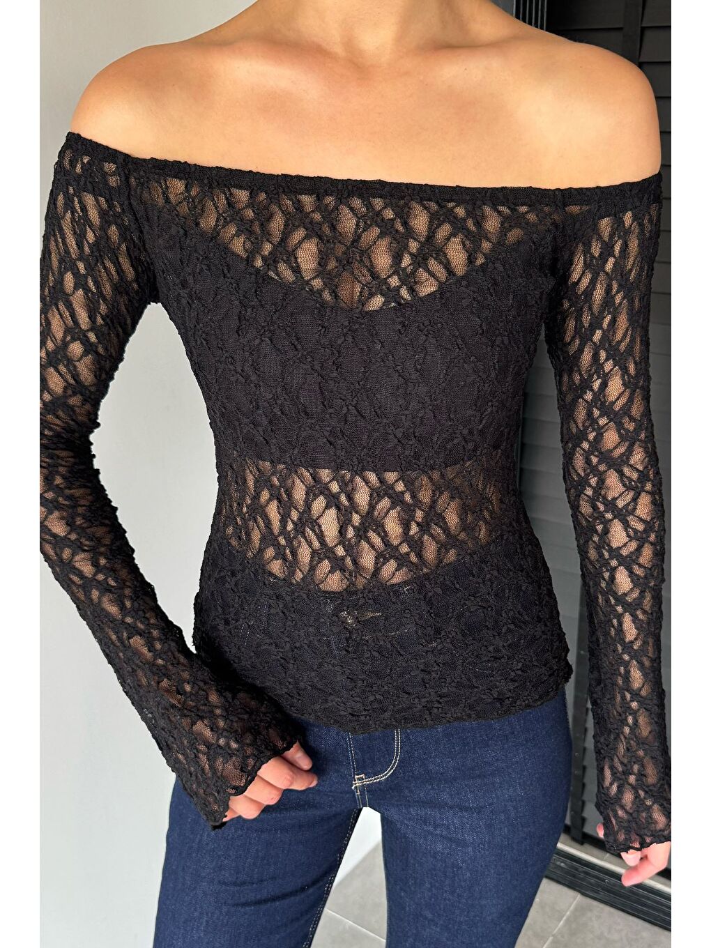 Siyah Kadın Madonna Yaka İspanyol Kol Elastanlı Transparan Bluz-2