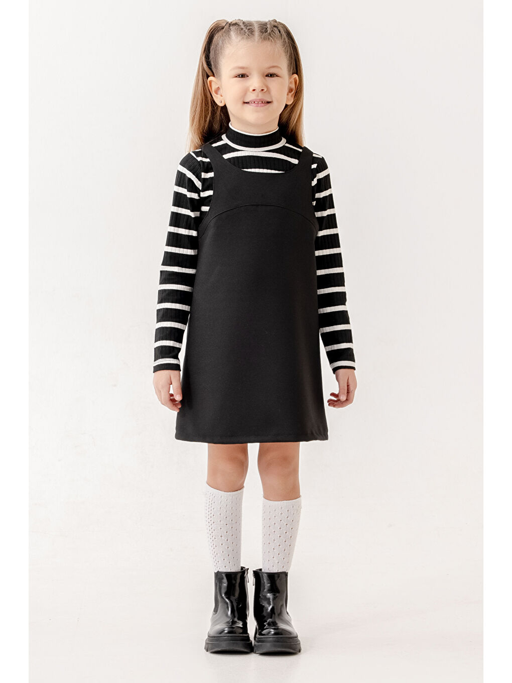 Çizgili Badili Yarım Balıkçı Yaka Kız Çocuk Elbise 3-7 Yaş Siyah 3754-1