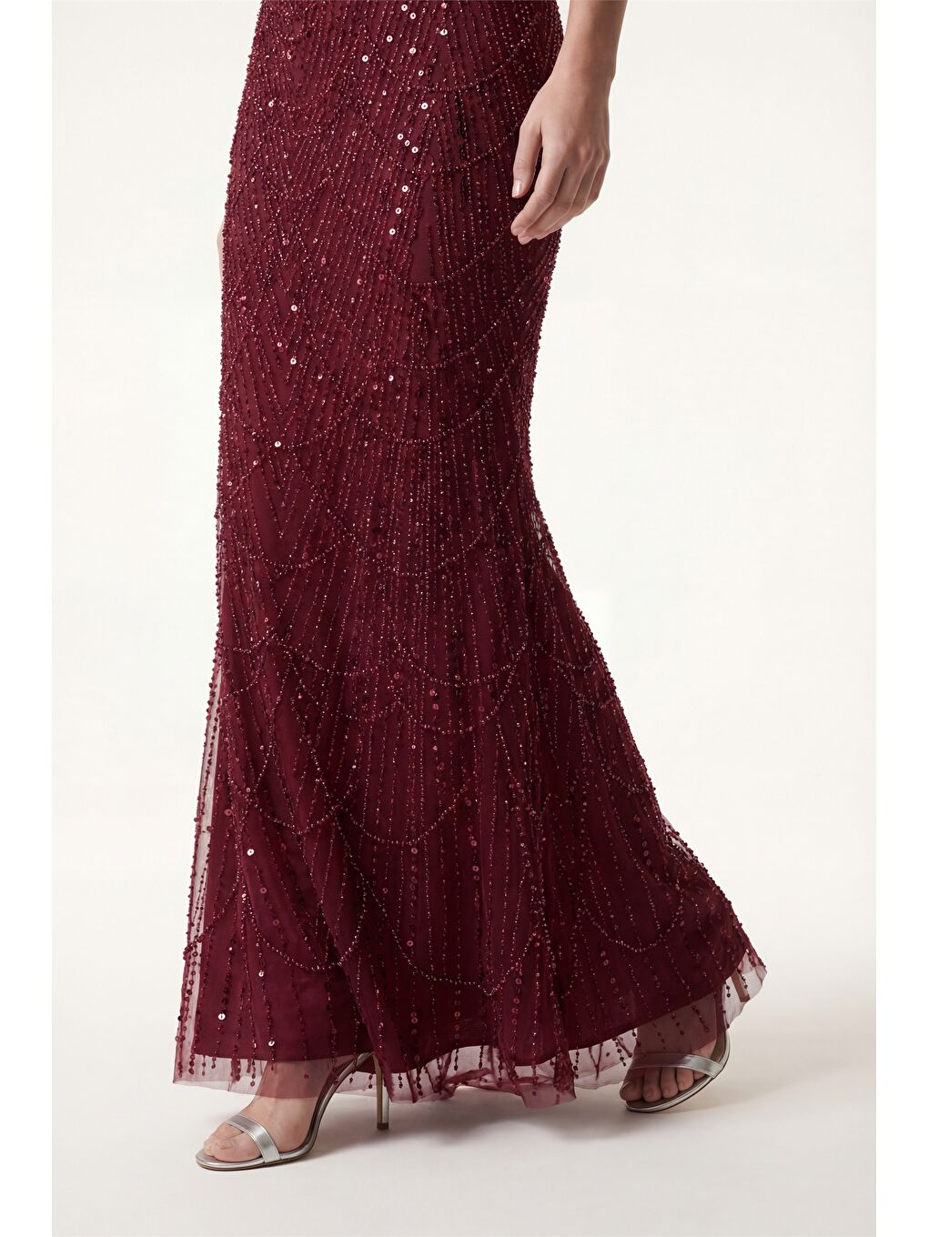 Kadın Bordo Kayık Yaka Boncuklu Uzun Abiye Elbise-3