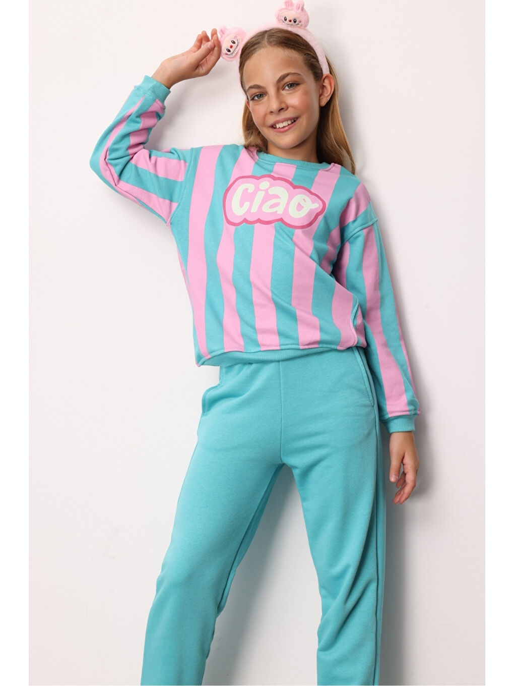 Yeşil Mint Ciao Baskılı Çizgili Kız Çocuk Eşofman Takımı - Phoebe-2