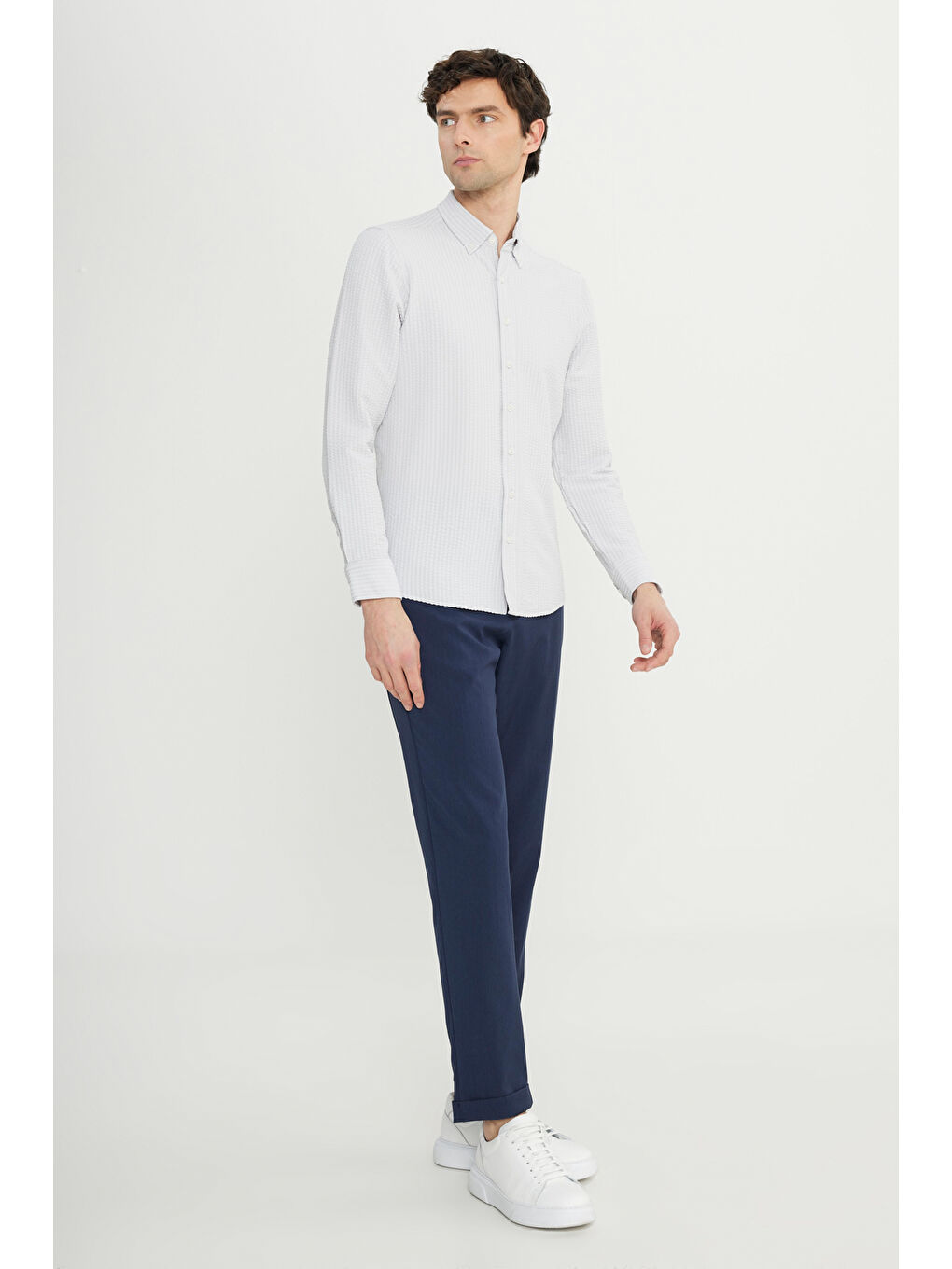 Bej Erkek Taş Slim Fit Dar Kesim Düğmeli Yaka Armürlü Gofre Desenli Gömlek-1