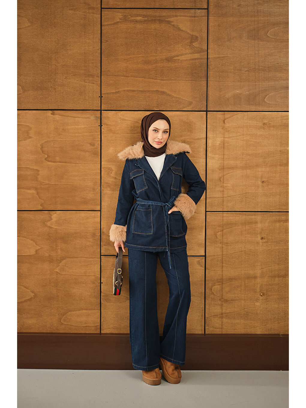 Kadın Kürk Detay Jean Takım Lacivert-1