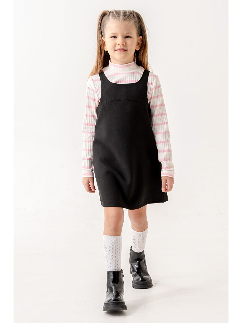 Çizgili Badili Yarım Balıkçı Yaka Kız Çocuk Elbise 3-7 Yaş Pembe 3754-4-3