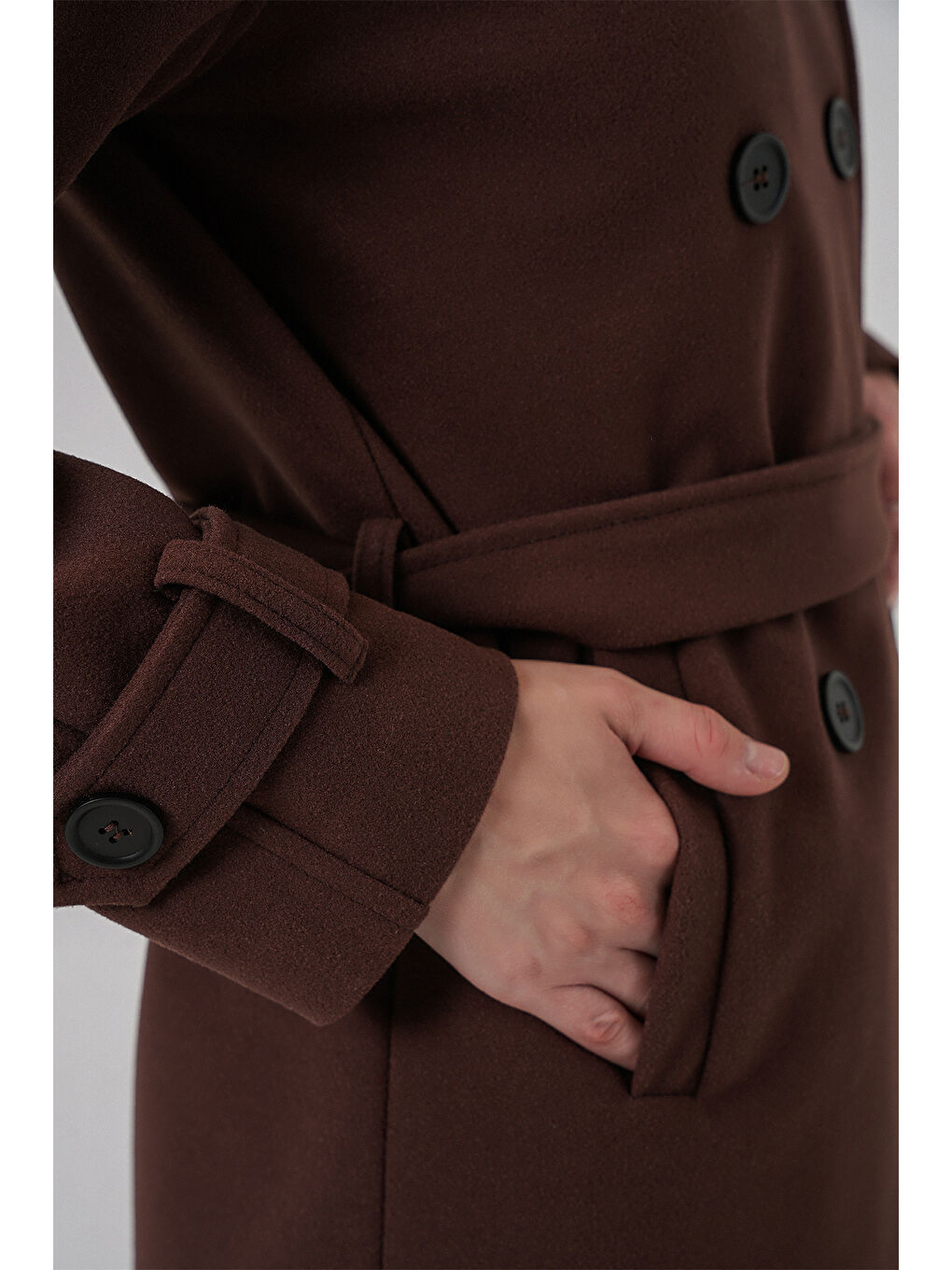 Kadın Kuşaklı Kaşe Kaban 9162 - Kahverengi-5