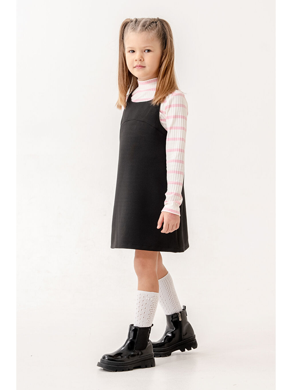 Çizgili Badili Yarım Balıkçı Yaka Kız Çocuk Elbise 3-7 Yaş Pembe 3754-4-4