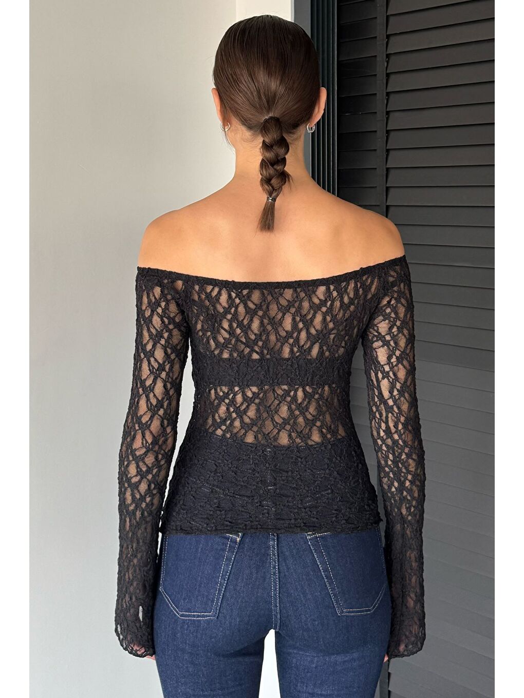 Siyah Kadın Madonna Yaka İspanyol Kol Elastanlı Transparan Bluz-3