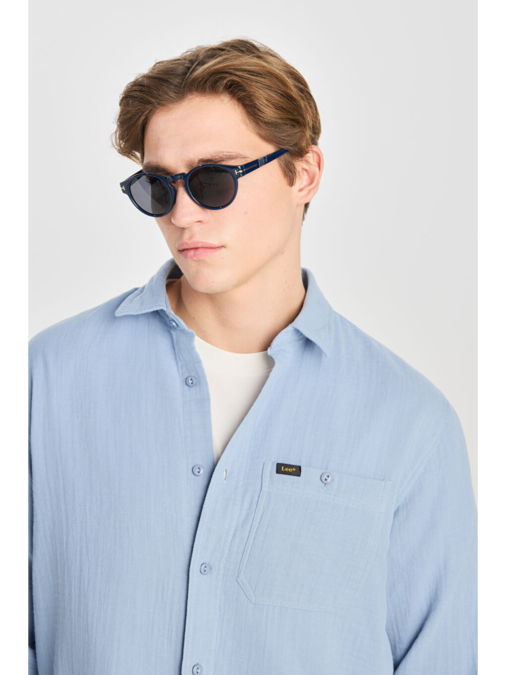 Yeşil %100 Pamuk Relaxed Fit Geniş Kesim Mavi Müslin Gömlek-3