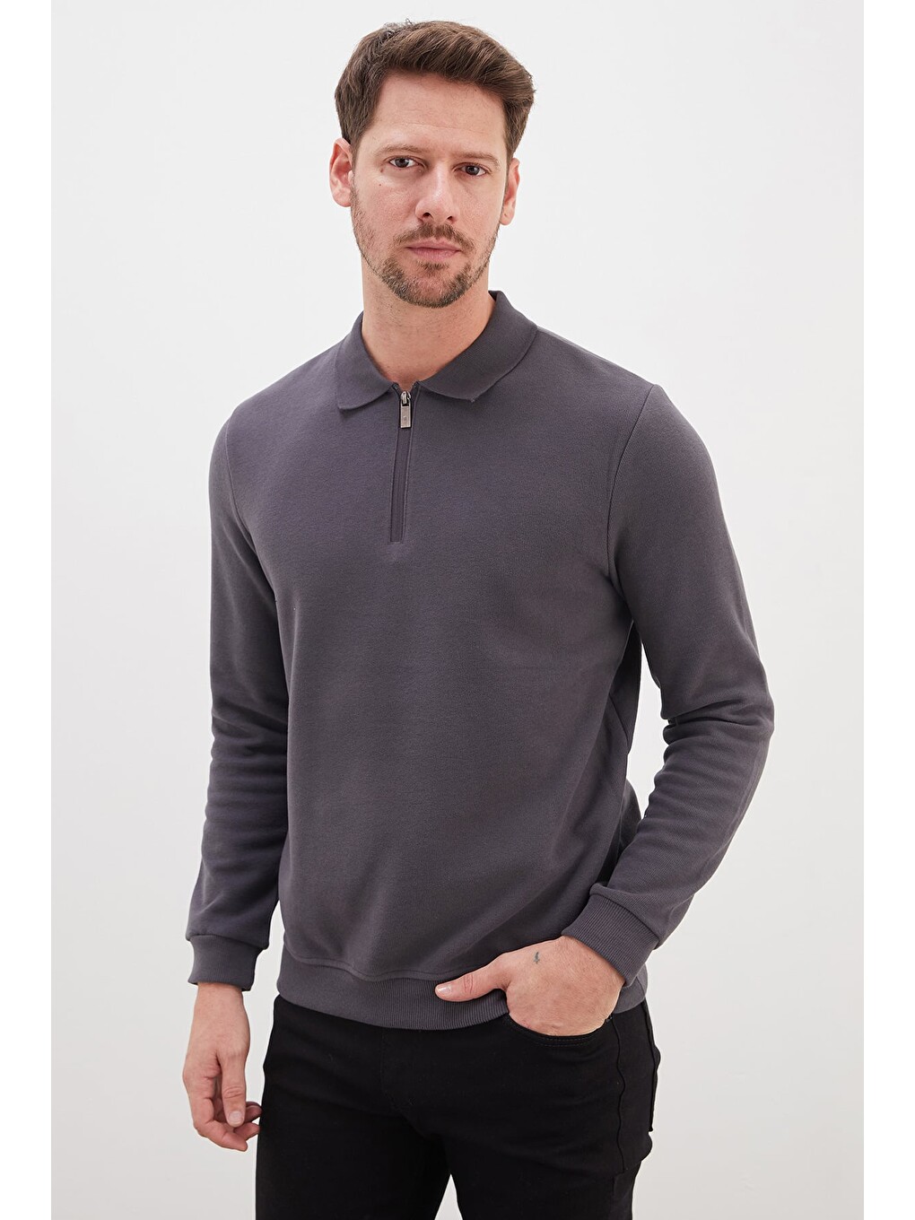 Gri Fitilli Polo Yaka Yarım Fermuarlı Selanik Örme Sweatshirt