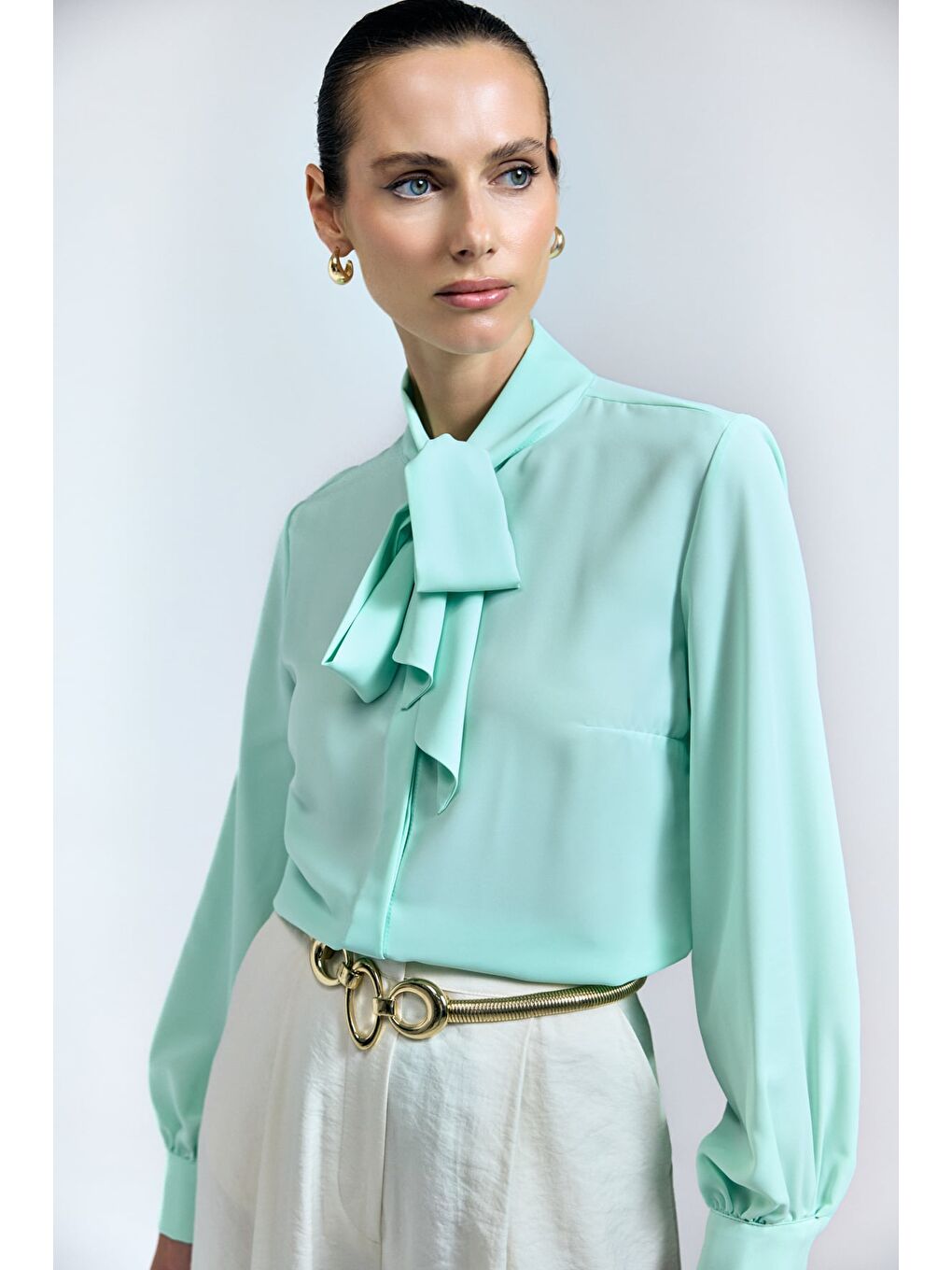 Yeşil Yakası Bağlamalı Düz Gömlek - Mint-3