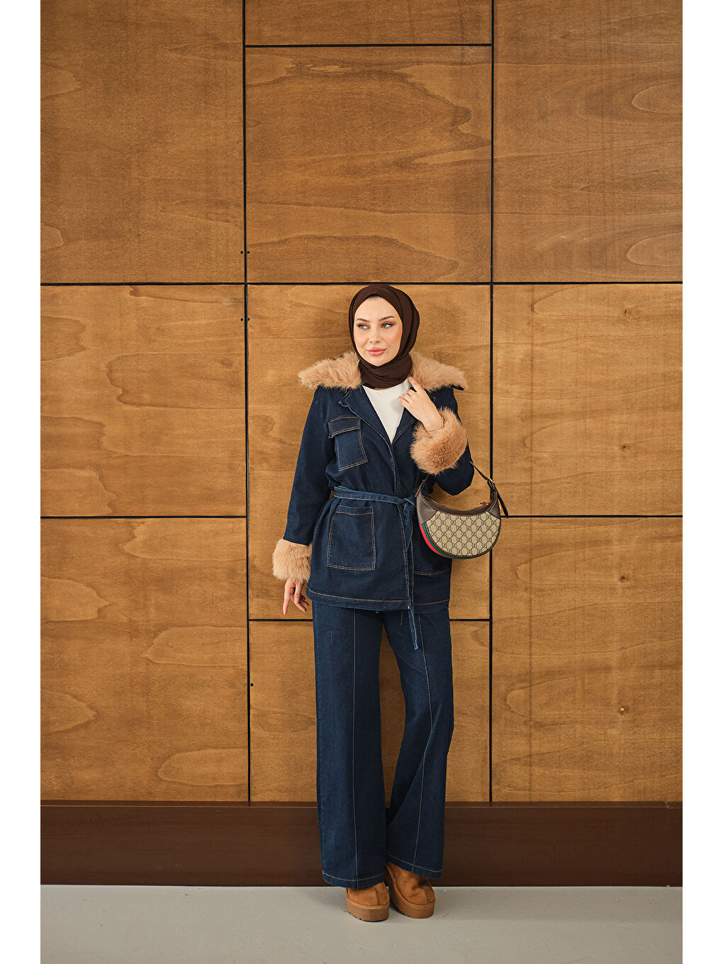 Kadın Kürk Detay Jean Takım Lacivert-2