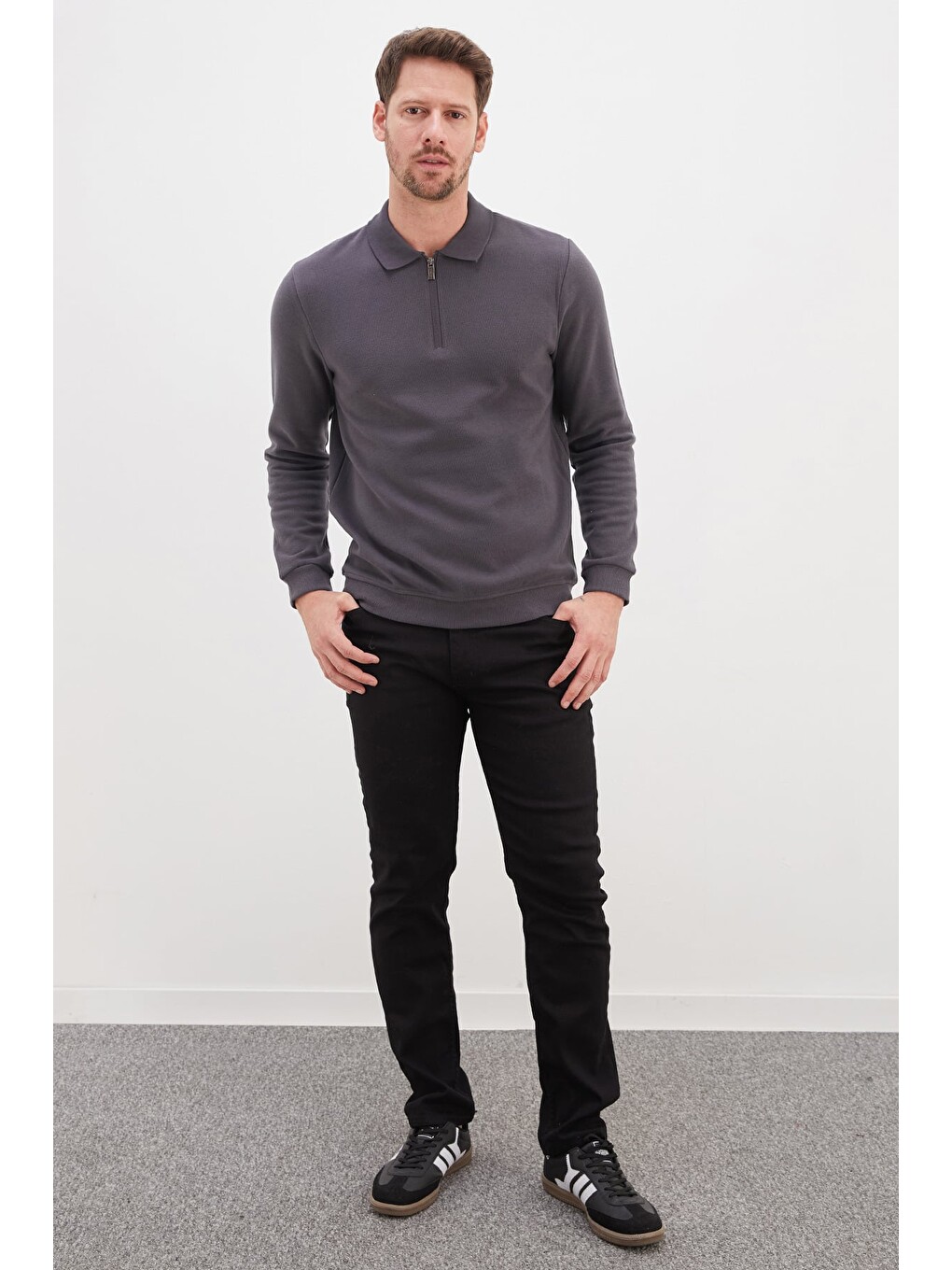 Gri Fitilli Polo Yaka Yarım Fermuarlı Selanik Örme Sweatshirt-1