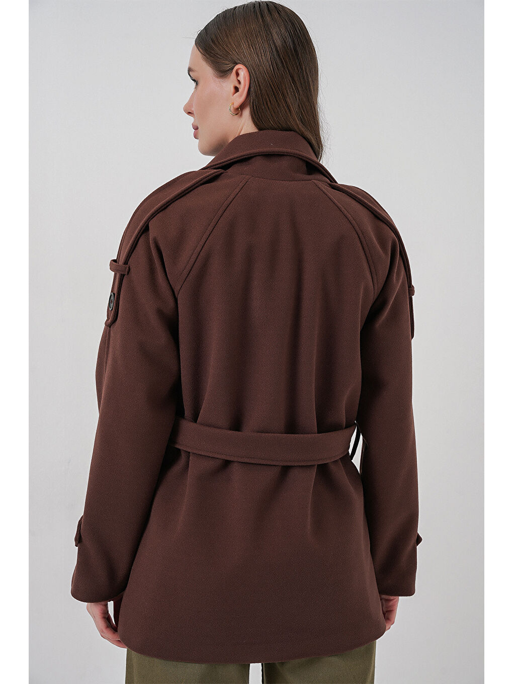 Kadın Kuşaklı Kaşe Kaban 9162 - Kahverengi-6