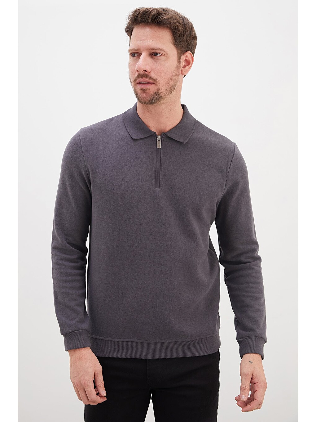 Gri Fitilli Polo Yaka Yarım Fermuarlı Selanik Örme Sweatshirt-2