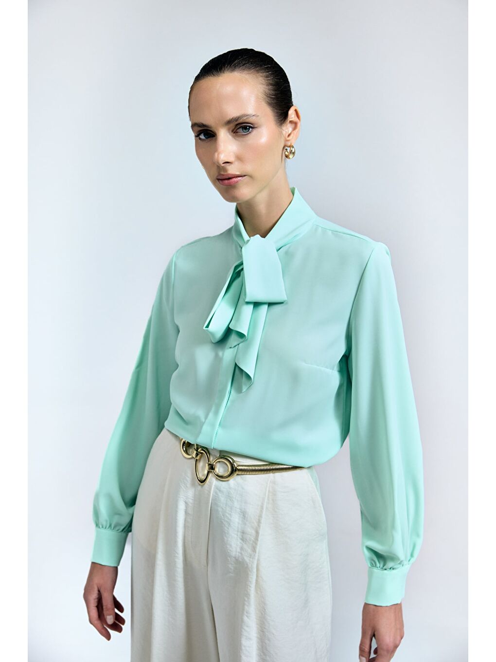 Yeşil Yakası Bağlamalı Düz Gömlek - Mint-4