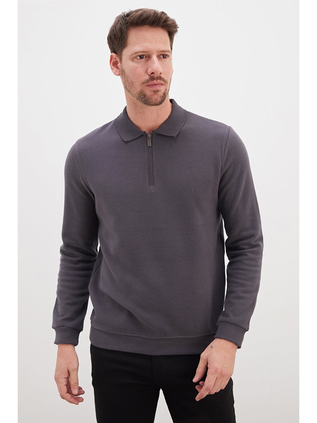 Gri Fitilli Polo Yaka Yarım Fermuarlı Selanik Örme Sweatshirt-3