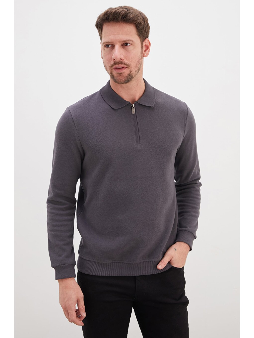 Gri Fitilli Polo Yaka Yarım Fermuarlı Selanik Örme Sweatshirt-4